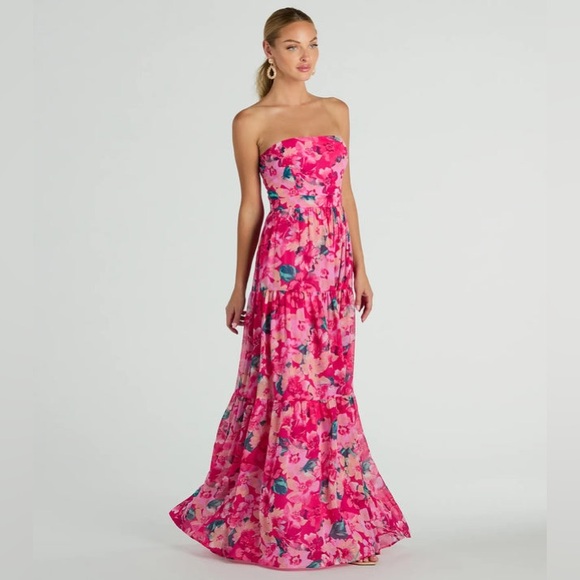 Windsor Pink Radiate Romantic Vibes Strapless Floral Chiffon Maxi Dress - Picture 1 of 5